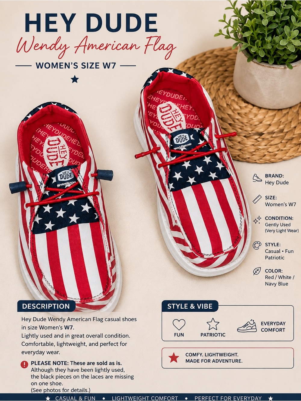 Hey Dude Wendy American Flag Slip-Ons in Red White Navy